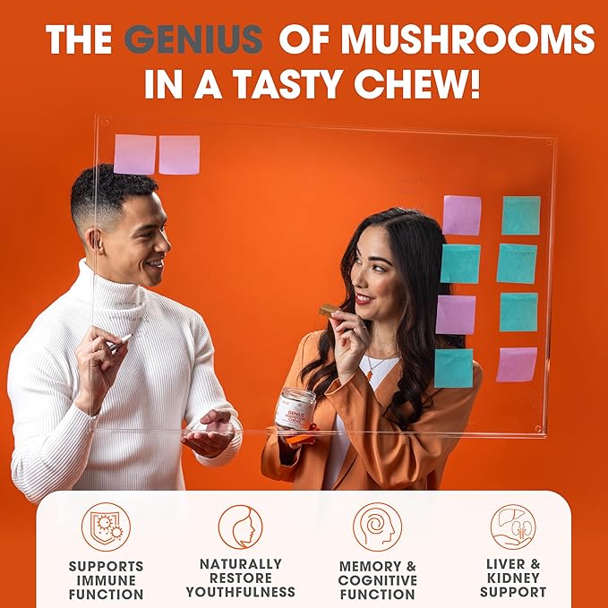 Genius Mushroom Soft Chews – Lion's Mane, Cordyceps, Reishi Complex for Energy, Focus, Brain Health, Immune Support – Nootropic Chew, Butter Toffee Flavor