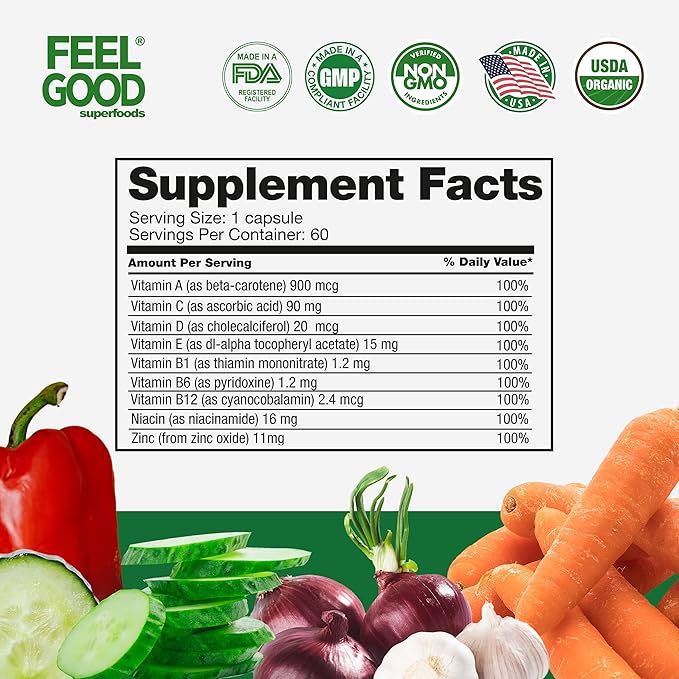 Vita Fruits and Veggies Capsules - 25 Superfood Ingredients, Fruit and Vegetable Multivitamin, 60 Count - For men and women - Vitamins A, C, D, E, B and Zinc