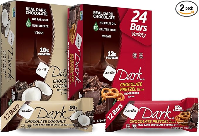 NuGo Dark Variety - Pretzel with Sea Salt 12 Bars & Dark Coconut 12 Bars, Vegan, 200 Calorie, Gluten Free, 24 Count