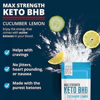 Dr. Boz - Keto BHB Powder - Cucumber Lemon, 20 Packets - Ketones Drink - Increase Energy & Reduce Cravings - Max Strength Dietary Supplement - Quality Tested - Made in The USA - 10.9oz (310g)