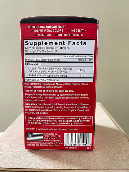 Force Factor Longjack Tongkat Ali Max for Men, Male Stamina and Vitality Supplement Made with Tongkat Ali Extract and Key Natural Ingredients for Superior Absorption, 1200mg, 60 Capsules