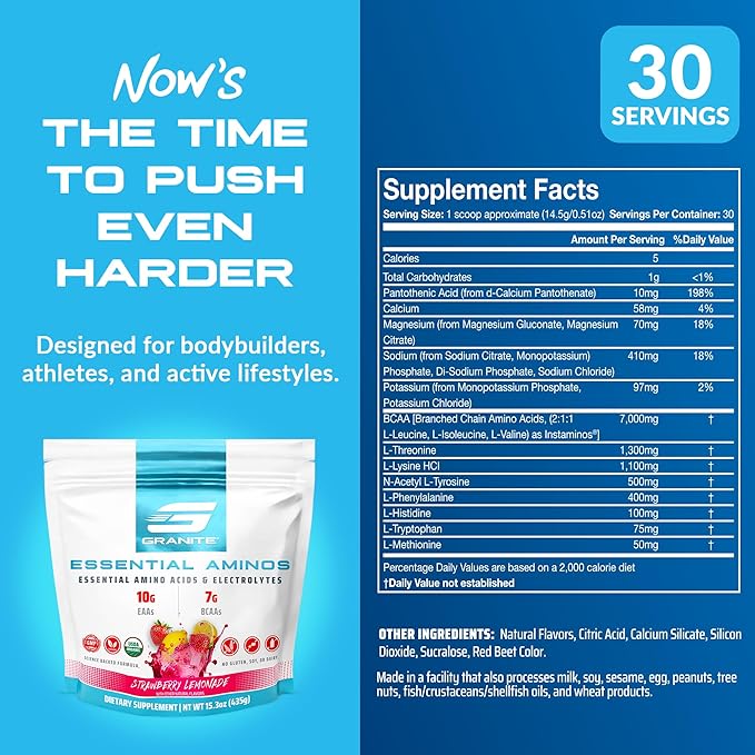 Granite 10g Essential Amino Acids Powder | Muscle Recovery Supplement for Muscle Growth | 7g BCAA Powder with Electrolytes | 30 Servings | Strawberry Lemonade Flavor | Soy & Gluten Free | Made in USA