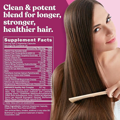 Vibrance Hair Growth Vitamins for Women – Grow Hair Faster, Healthier, and Stronger with Potent MultiBlend of Biotin & OptiMSM – Supports Thicker, Shinier Hair & Regrowth – 60 Vegetarian Soft Capsules