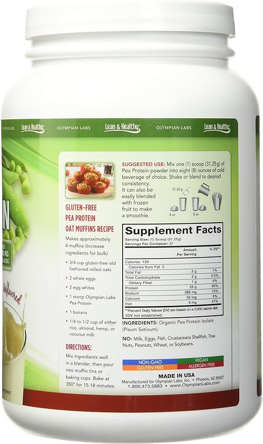 Olympian Labs Plant Based Pea Protein Powder, Unflavored - 25g of Protein, Vegan, Low Net Carbs, Gluten Free, Lactose Free, No Sugar Added, Soy Free, Kosher, Non-GMO, 2 Pound Pea Protein Powder