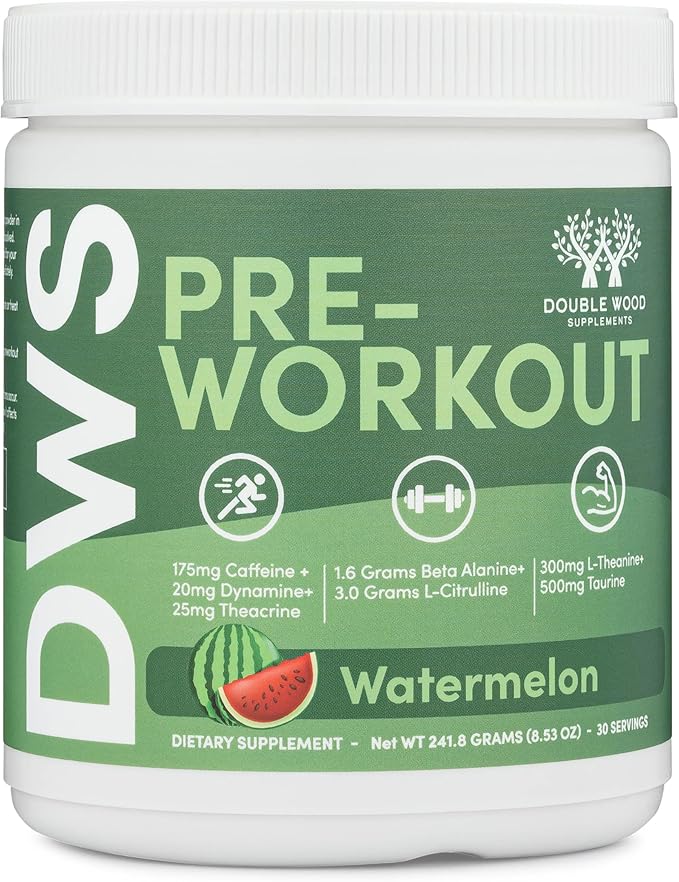 Pre Workout Powder for Men & Women (30 Servings of Caffeine, Beta Alanine, L-Citrulline, Dynamine, L-Theanine, Taurine, Theacrine, & More) Preworkout Powder with Scoop by Double Wood (Watermelon Lime)