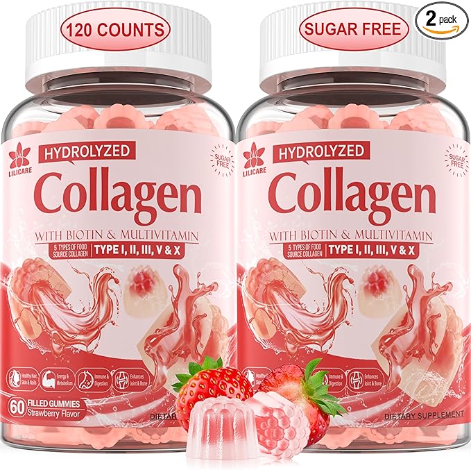 2Pack Sugar-Free Hydrolyzed Collagen Peptide Filled Gummies, with 1500mg Protein Type I,II,III,V,X with 5000mcg Biotin Vitamin C A E D3 B6 B12 for Immune Digestion Skin Hair Nails Energy Bone Joint