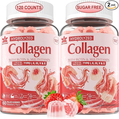 2Pack Sugar-Free Hydrolyzed Collagen Peptide Filled Gummies, with 1500mg Protein Type I,II,III,V,X with 5000mcg Biotin Vitamin C A E D3 B6 B12 for Immune Digestion Skin Hair Nails Energy Bone Joint