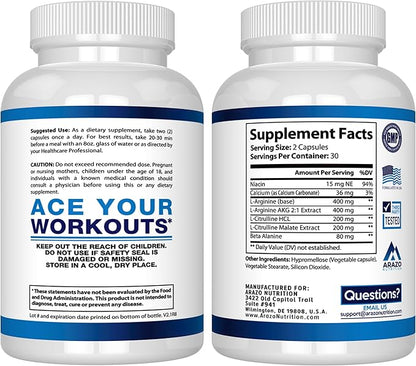 Arazo Nutrition Premium L Arginine - 1340mg Nitric Oxide Booster with L-Citrulline & Essential Amino Acids for Muscle Gain and Energy - Powerful NO Booster to Train Longer & Harder – 60 Capsules