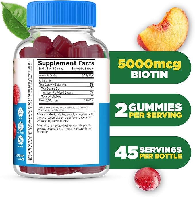 Lifeable Sugar Free Biotin Gummies | 5000mcg Vitamin B7 | Great Tasting Biotin Supplement | Biotin Gummies for Hair Growth, Skin and Nail Health | Hair Gummies for Women, Men, Adults | 90 Gummies
