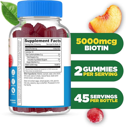 Lifeable Sugar Free Biotin Gummies | 5000mcg Vitamin B7 | Great Tasting Biotin Supplement | Biotin Gummies for Hair Growth, Skin and Nail Health | Hair Gummies for Women, Men, Adults | 90 Gummies