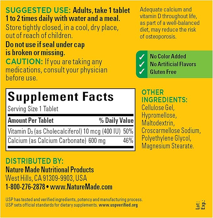 Nature Made Calcium 600 mg with Vitamin D3, Dietary Supplement for Bone Support, 220 Tablets (pack of 1)