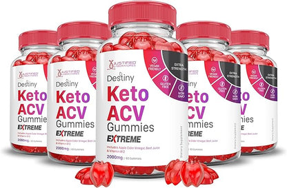(5 Pack) Destiny Keto ACV Gummies Extreme 2000MG Destiny Keto Gummies Advanced Formula Apple Cider Vinegar with Pomegranate Beet Juice Powder B12 Vegan Non GMO 300 Gummys
