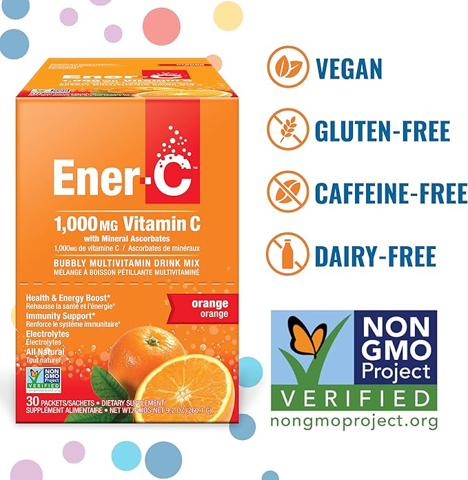 Ener-C Orange Multivitamin Drink Mix Powder Vitamin C 1000mg & Electrolytes with Real Fruit Juice Natural Energy & Immune Support for Women & Men - Non-GMO Vegan & Gluten Free - 30 Count