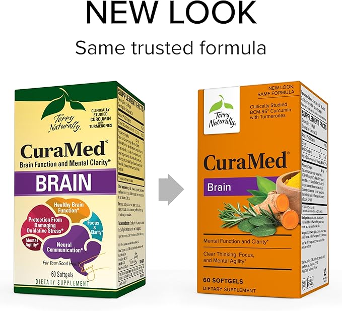Terry Naturally CuraMed Brain - 60 Softgels - with BCM-95 Curcumin, Vitamin D3, Rosemary & Sage - Non-GMO, Gluten Free - 30 Servings