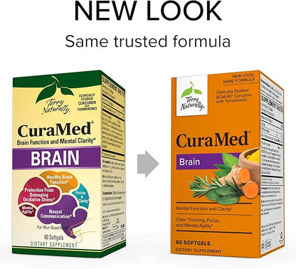 Terry Naturally CuraMed Brain - 60 Softgels - with BCM-95 Curcumin, Vitamin D3, Rosemary & Sage - Non-GMO, Gluten Free - 30 Servings