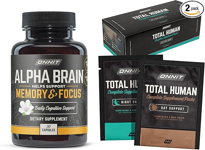 ONNIT Premium Alpha Brain Bundle - Nootropic Brain Supplement (30 Count) for Focus, Concentration & Memory + Total Human Day and Night Vitamin Packs for Men and Women (30-Day Supply)