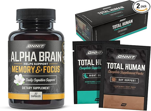 ONNIT Premium Alpha Brain Bundle - Nootropic Brain Supplement (30 Count) for Focus, Concentration & Memory + Total Human Day and Night Vitamin Packs for Men and Women (30-Day Supply)