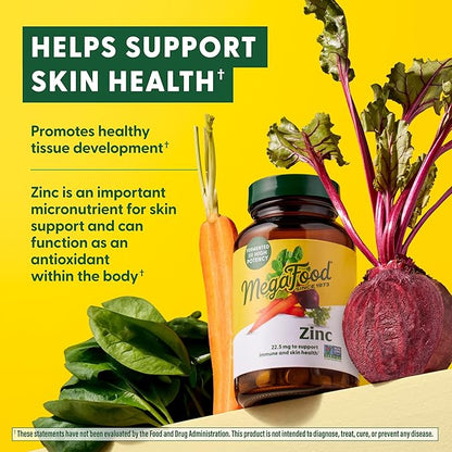 MegaFood Zinc Supplements - Vegan Immune Support Supplement With 22.5 mg High Potency Fermented Zinc - Made With Real Food - Gluten-Free, Kosher - 60 Tablets, 60 Servings