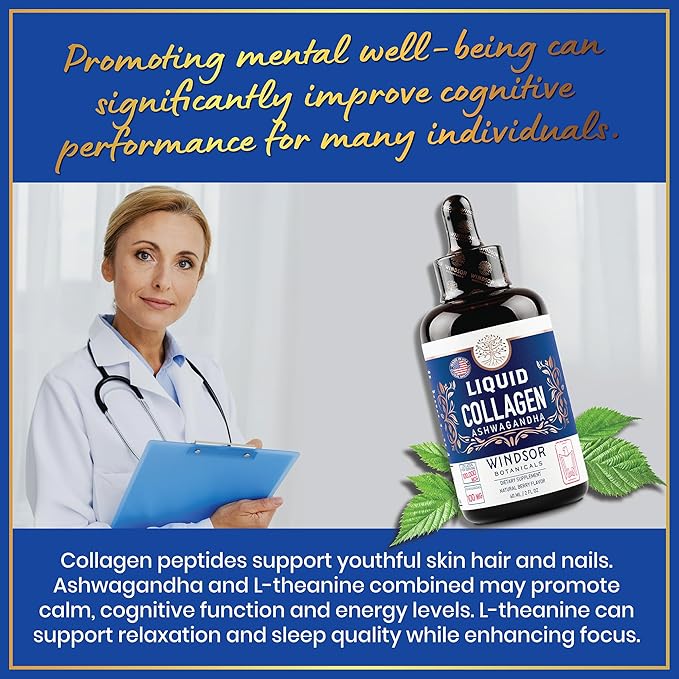Liquid Collagen for Women with Ashwagandha, Elderberry, L-Theanine - High Absorption 100,000 mcg Hydrolyzed Collagen Peptides Liquid - Collagen Drops Hair, Skin, Nails and Nails Support – 60 Servings