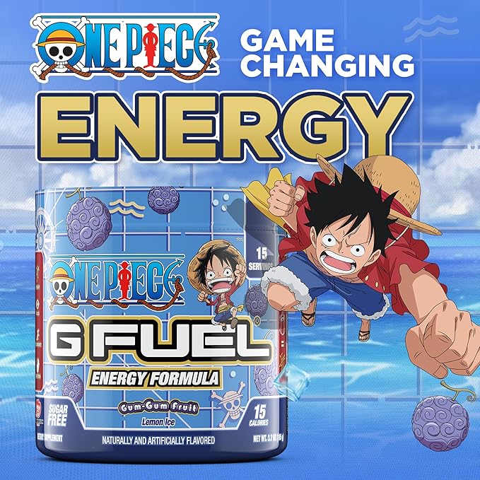 G Fuel ONE Piece Gum-Gum Fruit Energy Drink Powder, Pre Workout Caffeine Powder, Energy Powder Drink Mix for Gaming, Sugar Free Focus Amino, Vitamin + Antioxidants, 3.7oz (Lemon Ice, 15 Servings)