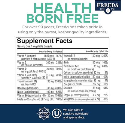 FREEDA One Daily Multivitamin Without Iron – Kosher Adult Multivitamin Supplements for Women & Men’s Health with Biotin, Vitamin B12, B1, B2, B5, Folic Acid, Niacinamide – Gluten Free (250 Capsules)