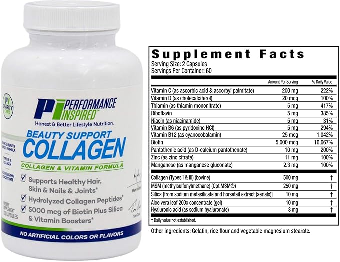 Performance Inspired Nutrition Collagen Joint/Skin/Nails/Beauty Support Capsules - Contains 5,000mcg of Biotin - Silica - Aloe Vera - Collagen Peptides - Hydrolyzed Acid – All-Natural - Big 120 Ct