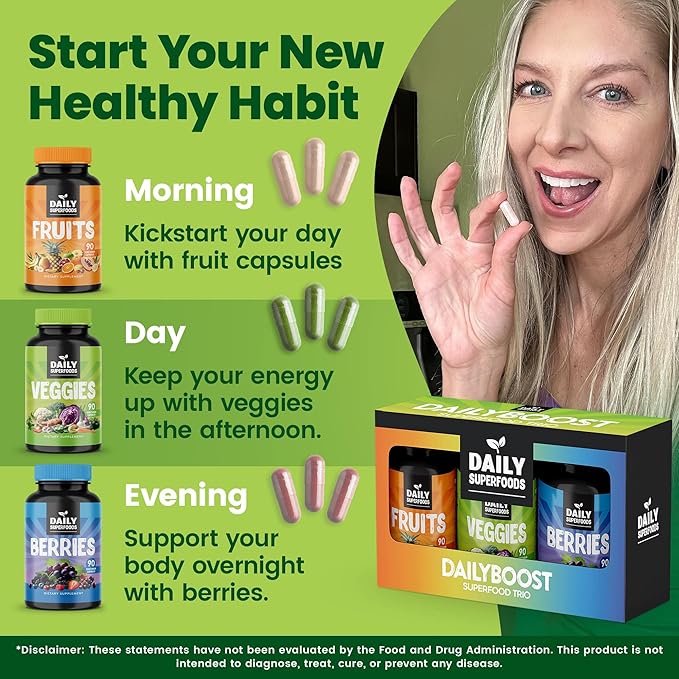 DailyBoost - 42 Different Whole Food Fruits and Veggies Supplement with Berries for Natural Energy Boost - Balance of 100% Fruit and Vegetables Capsules from Nature - Made in The USA