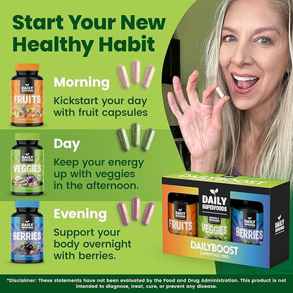 DailyBoost - 42 Different Whole Food Fruits and Veggies Supplement with Berries for Natural Energy Boost - Balance of 100% Fruit and Vegetables Capsules from Nature - Made in The USA