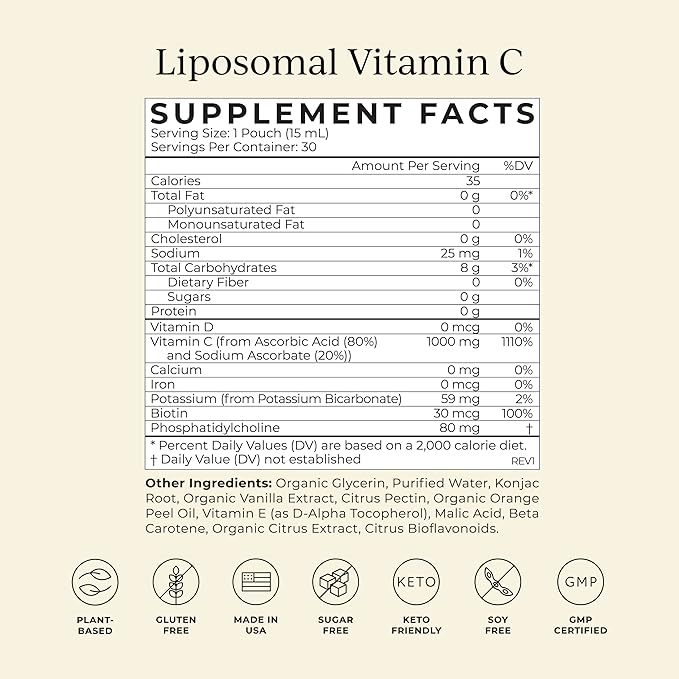 CYMBIOTIKA Vitamin C Individual Packets, Liposomal Delivery, Supplement for Immune Support, Collagen Boost, & Healthy Aging, Skin Hydration Packets, Citrus Vanilla Flavor, 30 Pack