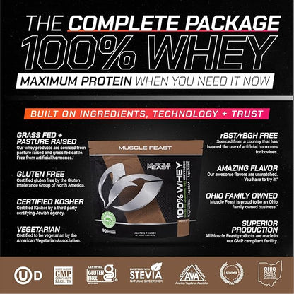 Muscle Feast 100% Grass-Fed Whey Protein, Pastured Raised Hormone Free All Natural, Chocolate, 5lb