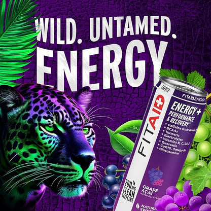 LIFEAID FITAID Energy Grape AÇAI, 200mg Natural Caffeine, Keto, Pre-Workout Performance: BCAAs, Quercetin, Electrolytes, Omega-3s, 15 Calories, Paleo, Vegan & Gluten-Free, 12-oz (Pack of 12)