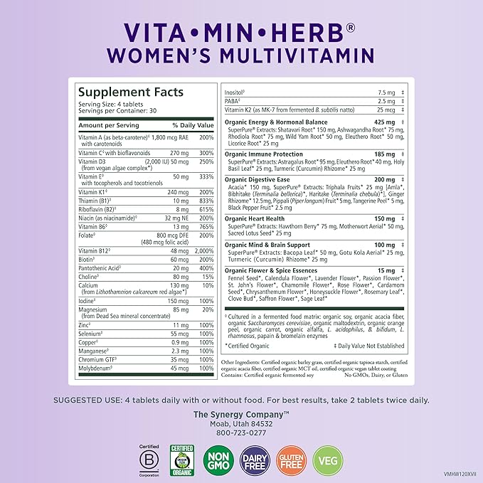 PURE SYNERGY Vita·Min·Herb for Women | Women’s Comprehensive Multivitamin Supplement | Made with Organic Whole Food Non-GMO & Vegan Ingredients | Supports Energy & Immune Health (120 Tablets)
