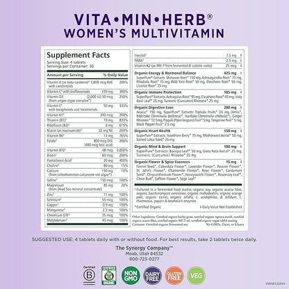 PURE SYNERGY Vita·Min·Herb for Women | Women’s Comprehensive Multivitamin Supplement | Made with Organic Whole Food Non-GMO & Vegan Ingredients | Supports Energy & Immune Health (120 Tablets)