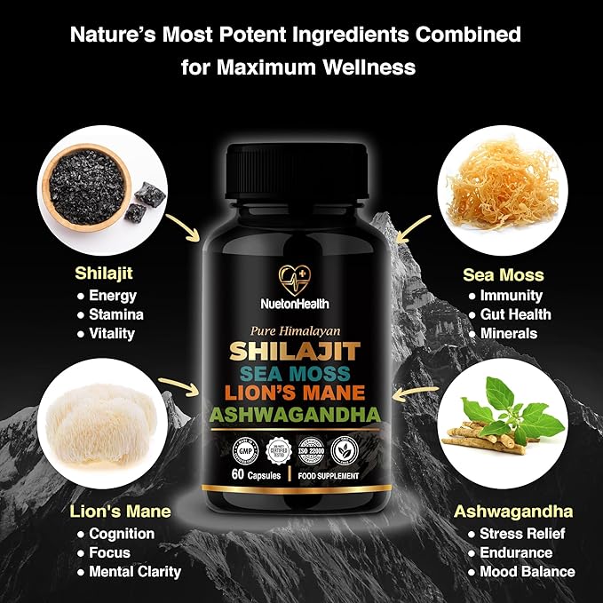 Shilajit, Sea Moss, Lion's Mane, and Ashwagandha Capsules - Comprehensive All-in-One Wellness Supplement for Mind, Body, and Vitality - 60 Vegan Capsules