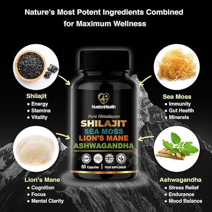 Shilajit, Sea Moss, Lion's Mane, and Ashwagandha Capsules - Comprehensive All-in-One Wellness Supplement for Mind, Body, and Vitality - 60 Vegan Capsules