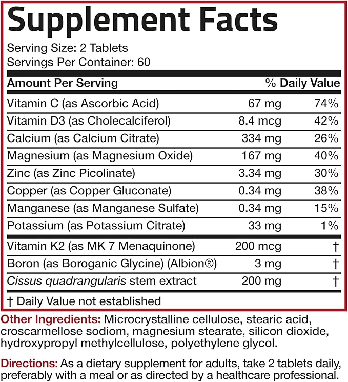 Bronson Bone Health & Strength Complex* High Potency Formula 200 MCG of Vitamin K2 as MK7, Plus Calcium, Boron, Cissus Quadrangularis, Magnesium, Vitamin D3, and More - Non-GMO, 120 Tablets