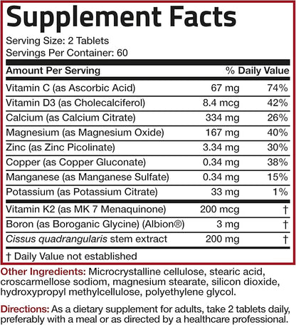 Bronson Bone Health & Strength Complex* High Potency Formula 200 MCG of Vitamin K2 as MK7, Plus Calcium, Boron, Cissus Quadrangularis, Magnesium, Vitamin D3, and More - Non-GMO, 120 Tablets