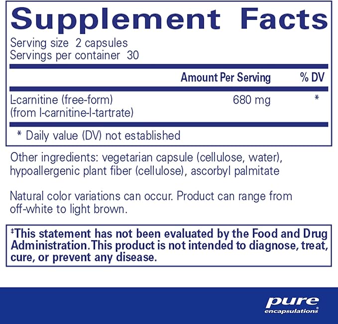 Pure Encapsulations L-Carnitine | Hypoallergenic Supplement for Cardiovascular and Endurance Support | 60 Capsules