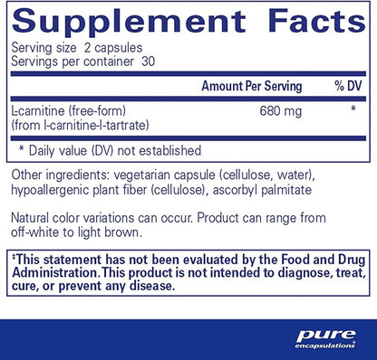 Pure Encapsulations L-Carnitine | Hypoallergenic Supplement for Cardiovascular and Endurance Support | 60 Capsules