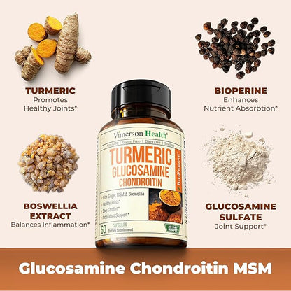 Turmeric & Glucosamine Chondroitin Joint Support Supplement for Women and Men. with Turmeric and Ginger, Boswellia, MSM, and Black Pepper (Bioperine) for Joint Health & Immune Support. 60 Capsules
