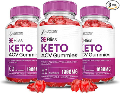 (3 Pack) Bliss Keto ACV Gummies Advanced Formula 1000MG Bliss Keto Gummies Apple Cider Vinegar Boost Formulated with Pomegranate Beet Juice Powder B12 Vegan Non GMO 180 Gummys