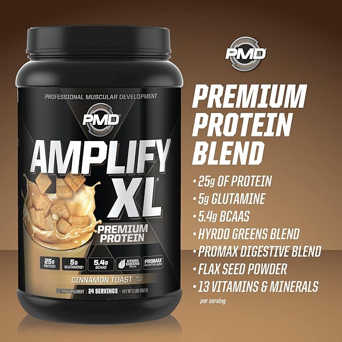 PMD Sports Amplify XL Premium Whey Protein Supplement Hydro Greens Blend - Glutamine and Whey Protein Matrix with Superfood for Muscle, Strength and Recovery - Cinnamon Toast (24 Servings)