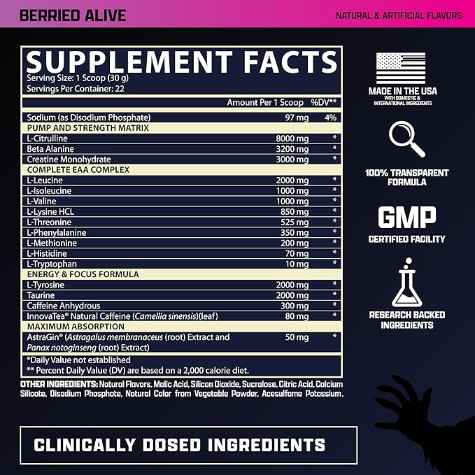 Nutrex Outlift Clinically Dosed Pre Workout Powder with Creatine, 8G Citrulline, EAA | Energy, Performance, Pump Preworkout Supplement for Men & Women (22 Servings, Berried Alive)