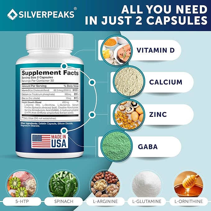 Growth Capsules to Grow Taller - Height Growth Maximizer with Calcium for Bone Strength - Made in USA - Natural Get Taller Supplement to Increase Bone Growth - Free of Growth Hormone