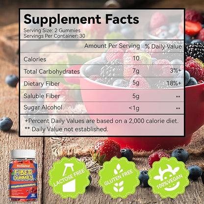 Fiber Gummies, Dietary Fiber, Soluble Fiber, for Women and Men, Gut Health Support, Non-GMOs, Non-Gluten, Vegan, Mixed Berry and Strawberry Flavor, 60 Count Gummies