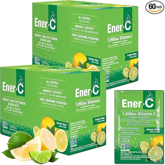 Ener-C Lemon Lime Multivitamin Drink Mix Powder Vitamin C 1000mg & Electrolytes with Real Fruit Juice Natural Energy & Immune Support for Women & Men - Non-GMO Vegan & Gluten Free - 60 Count