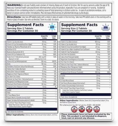KAL Multivitamin AM/PM, 2-in-1 Womens and Mens Multivitamins Supplements, Turmeric, Tart Cherry, Organic Matcha and Spirulina for Immune,and Cellular Support, Gluten Free, 30 Servings, 120 Tablets