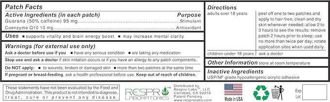 Natural Guarana and CoQ10 Energy Patch Plus, Continuous Release, 10 Patches