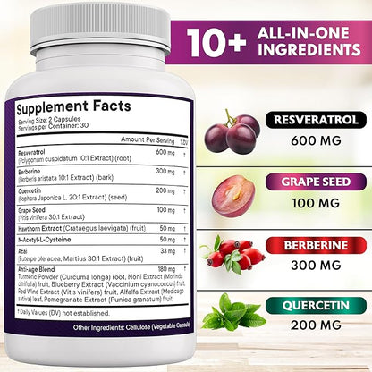 NEW AGE Resveratrol, Berberine, Grape Seed Extract, Quercetin, Polyphenol Supplement for Women and Men with Noni Extract, N-Acetyl Cysteine, Acai Extract - 120 Capsules