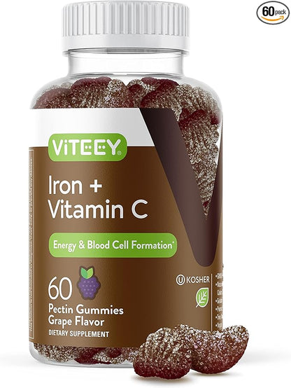 Iron Gummies 20mg + Vitamin C 26mg for Iron Deficiency and Anemia, Supports Energy, Blood Cell Formulation, Blood Builder, Vegan Supplements, Gluten Gelatin and GMO Free, Chewable Grape Gummy Chews